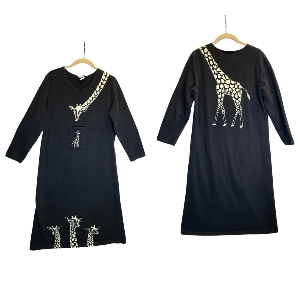 Cite Womens Black Giraffe Graphic Long Sleeve Pocket Midi T-Shirt Dress